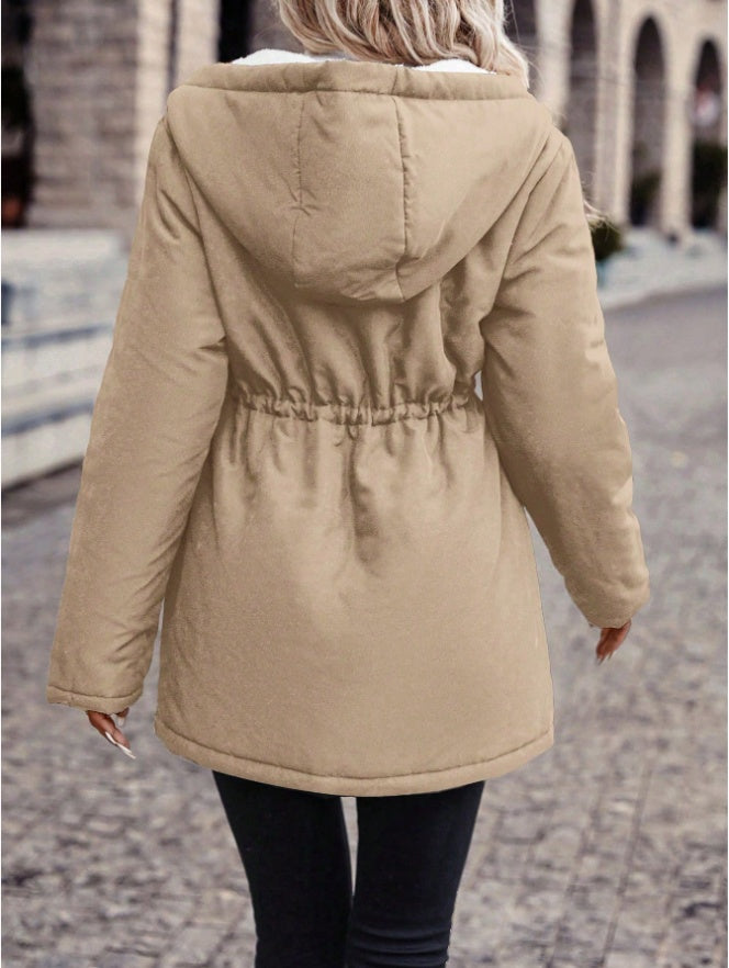Drawstring Waist Hooded Plush Lined Parka Coat - D&A