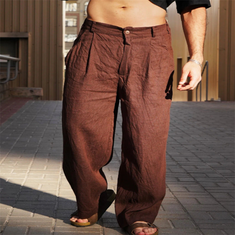 Men's Spring And Summer Linen Pleated Wide-leg Pants Mid-waist Breathable Dark Brown - D&A