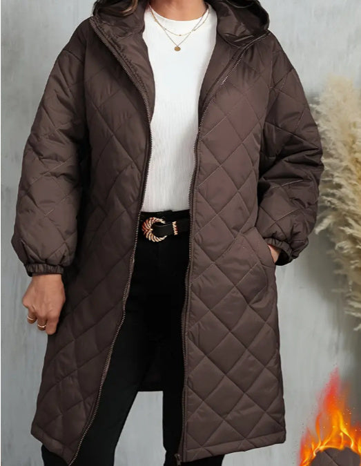 Elegant Hooded Zipper Cotton Jacket For Women Coffee - D&A