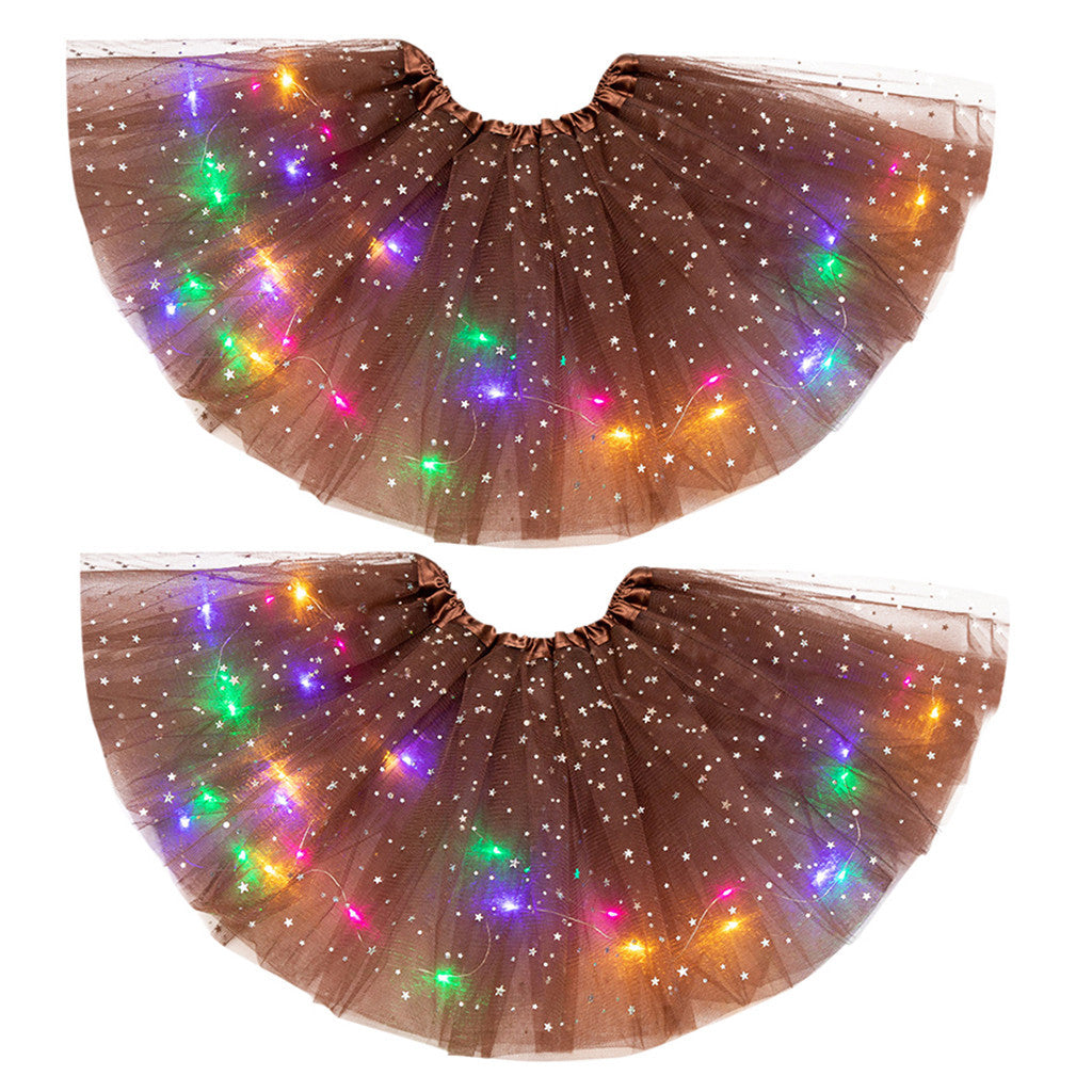 Magical & Luminous LED Princess Halloween Tutu Skirt Sequins Shiny Skirt 2pcs Coffee - D&A