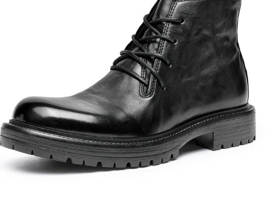 First Layer Cowhide Men's High-top Martin Boots British Formal Wear Black - D&A