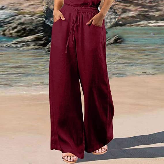 Loose Cotton And Linen Wide Leg Pants Wine Red L - D&A