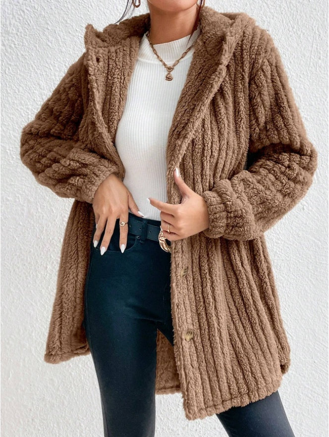 Button Front Hooded Teddy Coat - D&A