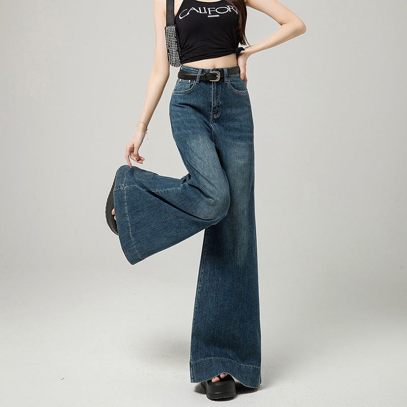 Dark Blue Narrow Version Korean Simple High Waist Loose Small Mop Wide Leg Pants - D&A
