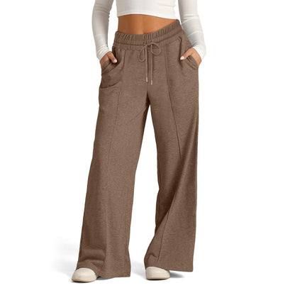 Women's Lace-up Solid Color Waist Tight Fashion Wide-leg Casual Pants Brown - D&A