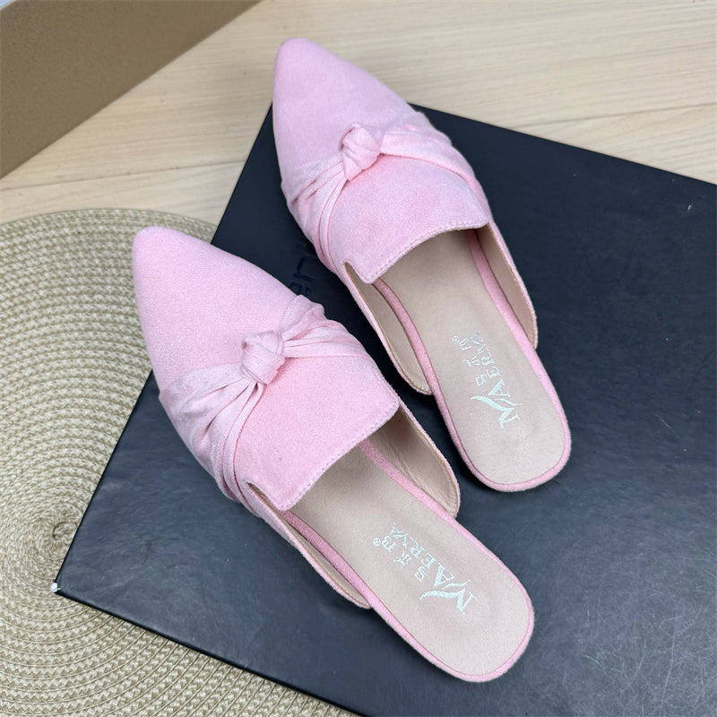 Bow Toe Korean Style Simple Pointed Flat Lazy Half Slippers Pink - D&A