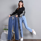 Korean Style Women's Straight Casual Elastic Waist Tied High Waist Student Jeans - D&A