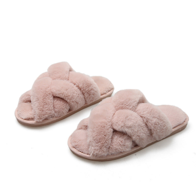 Open Toe Fluffy Slippers Women's Artificial Fur Couple Plush Pink - D&A