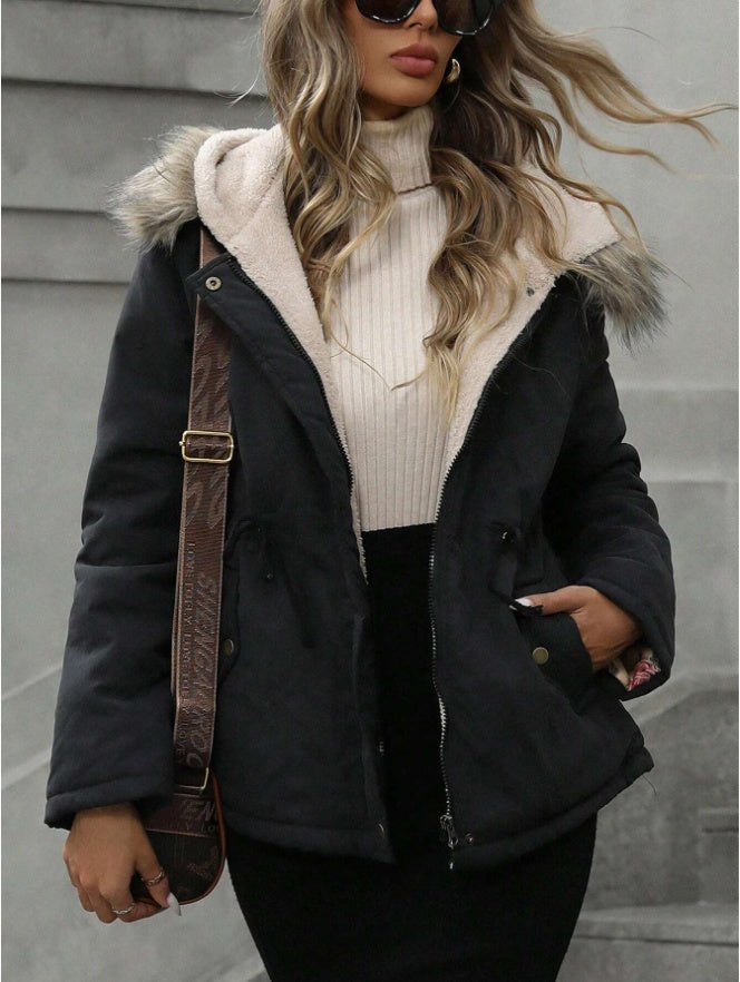 Aveloria Hooded Cinched Waist Casual ParkaPadded Insulated Polyfill Synthetic Insulation Winter Coat Black - D&A