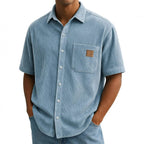 Versatile Leisure Corduroy Leather Sticker Pocket Short Sleeve Shirt - D&A