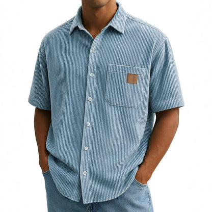 Versatile Leisure Corduroy Leather Sticker Pocket Short Sleeve Shirt - D&A