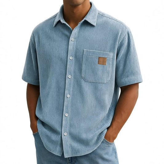 Versatile Leisure Corduroy Leather Sticker Pocket Short Sleeve Shirt - D&A