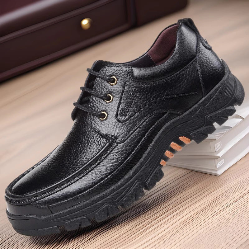 Casual Leather Shoes Men's Summer Breathable Non-stinky Feet Work Shoes Black - D&A