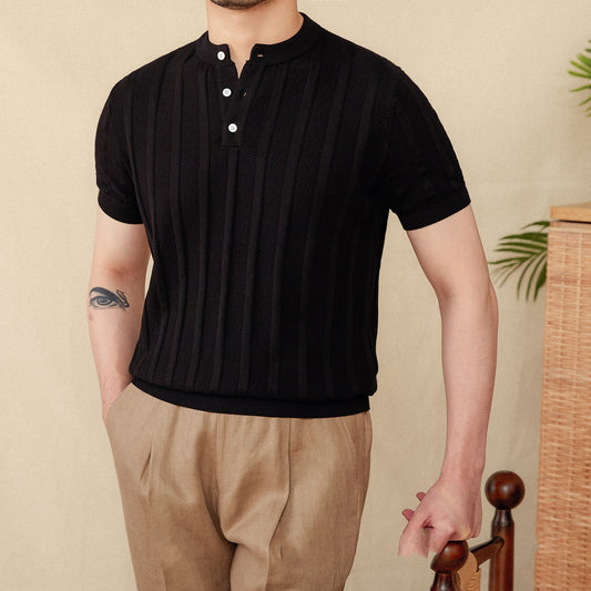 Cotton Sunken Stripe Henry Collar Casual Men's Knitted Short-sleeved T-shirt - D&A