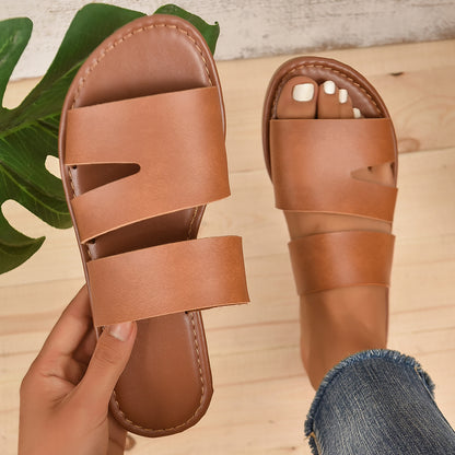 Casual Summer One-line Flat Plus Size Women's Slippers Dark Brown - D&A