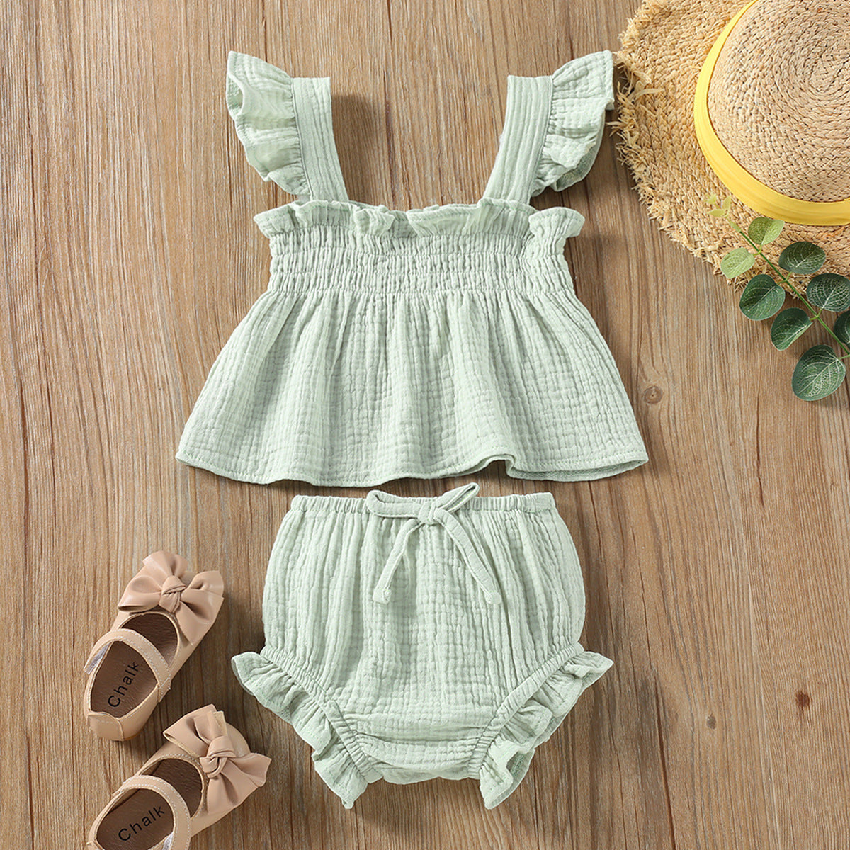 Girls' Solid Color Sling Top Hot Pants Suit - D&A