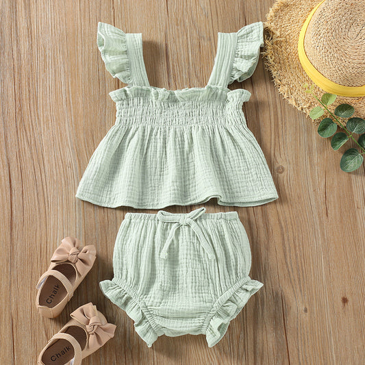 Girls' Solid Color Sling Top Hot Pants Suit - D&A