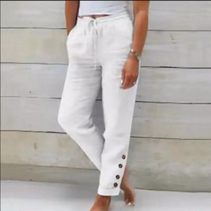 Autumn Solid Color Cotton Linen Straight Casual Button Trousers For Women White - D&A