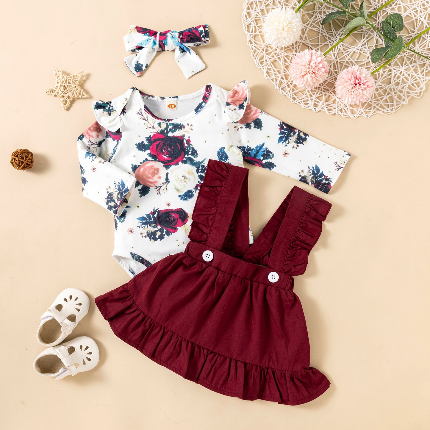 Printed Long-sleeved Baby Girl Romper Two-color Strap Ruffled Dress Headdress Three Pieces - D&A