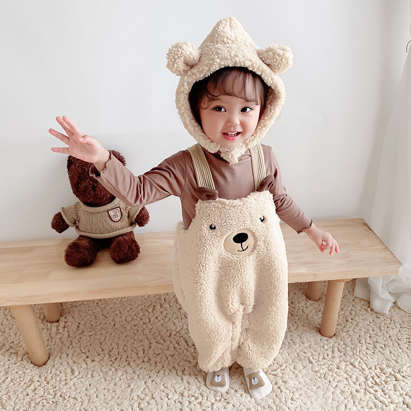 Baby Jumpsuit Autumn And Winter Plus Velvet Baby Clothing Bear Suspenders - D&A