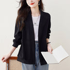 Lazy V-neck Sweatshirt Cardigan Women's Loose Casual Jacket All-matching Drop-shoulder Sleeve Black - D&A