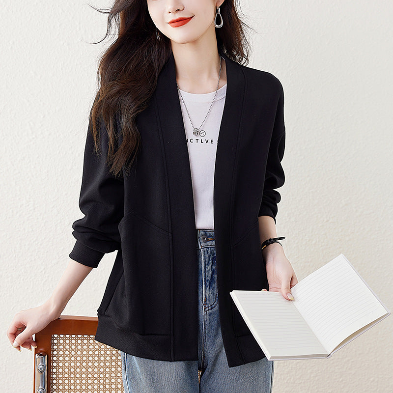 Lazy V-neck Sweatshirt Cardigan Women's Loose Casual Jacket All-matching Drop-shoulder Sleeve Black - D&A