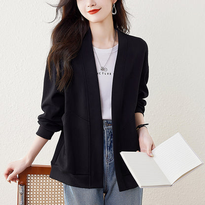 Lazy V-neck Sweatshirt Cardigan Women's Loose Casual Jacket All-matching Drop-shoulder Sleeve Black - D&A