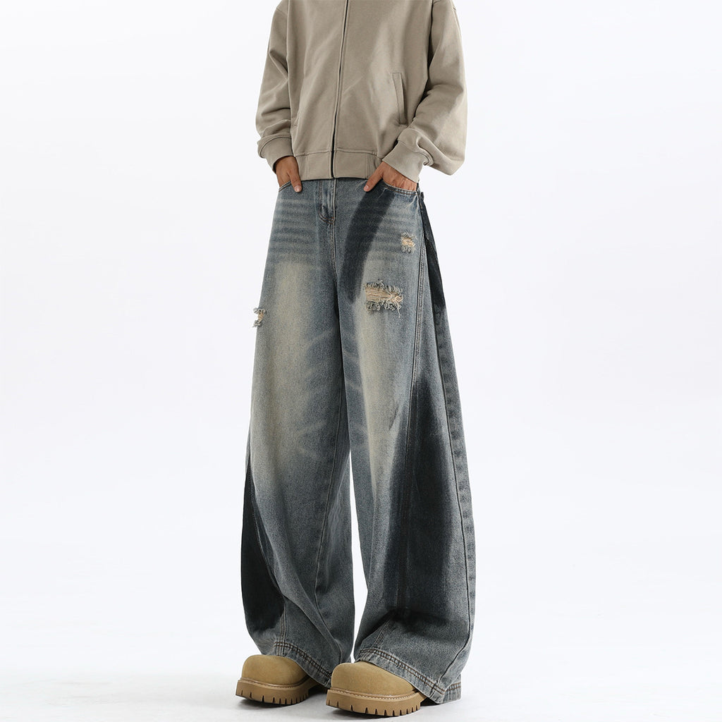 Men's American-style Splash-ink Ripped Machete Jeans Blue - D&A
