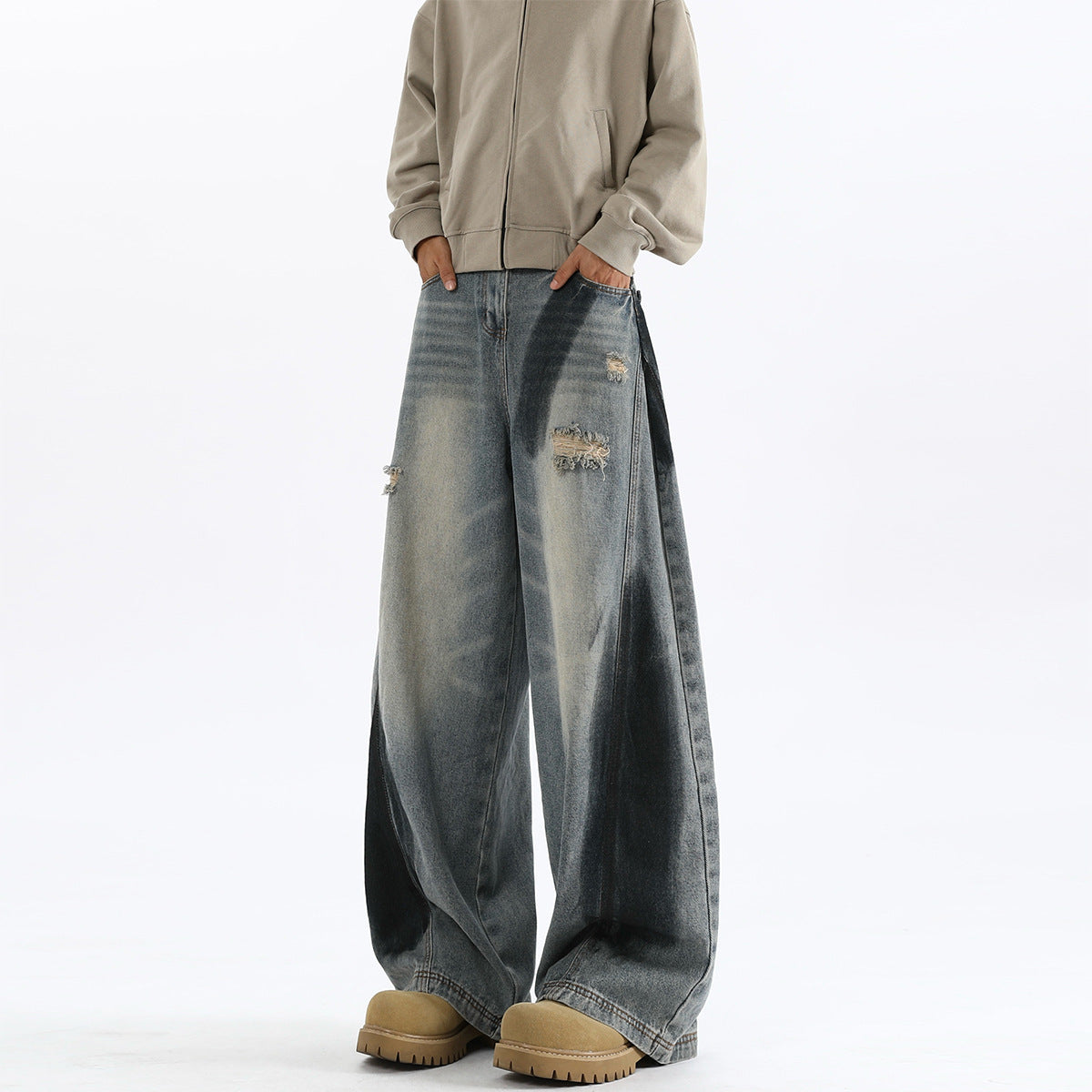 Men's American-style Splash-ink Ripped Machete Jeans Blue - D&A