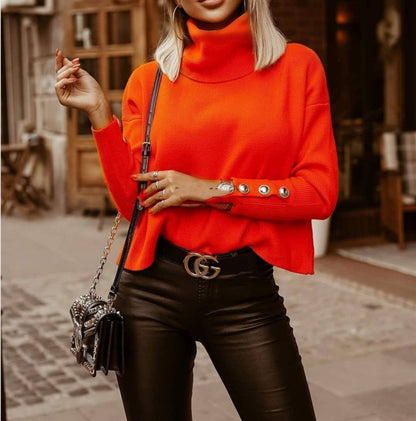 Women Solid Color Turtleneck Sweater Fashion Winter Tops Orange - D&A