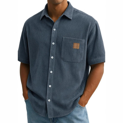 Versatile Leisure Corduroy Leather Sticker Pocket Short Sleeve Shirt - D&A