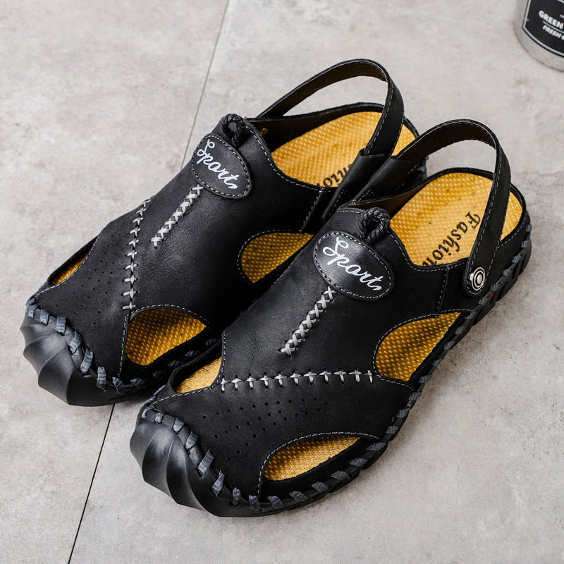 Men's Breathable Casual Hollow Leather Sandals Black - D&A