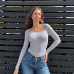Oumeiya Sexy Rib Square Collar Long Sleeve Belly Contracting Casual Women's Jumpsuit - D&A