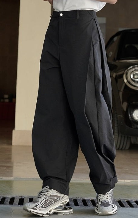 High-Waisted Pleated Solid Color Loose Wide Leg Trousers Casual Pants Bottoms Black - D&A