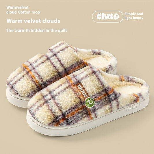 Women's Home Plush Warm Non-slip Plaid Cotton Shoes - D&A