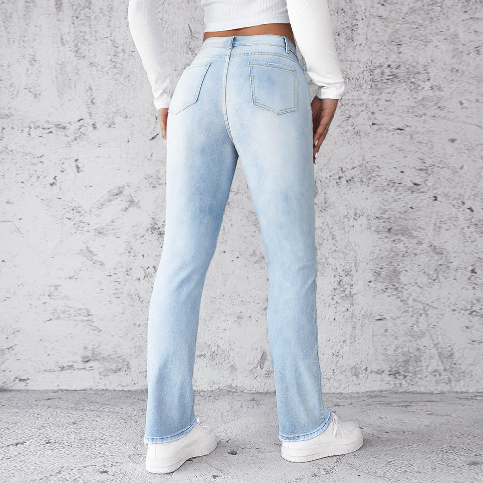 Women's Straight Leg Slim Fit Jeans, Fashionable And Simple Light Blue Pants - D&A