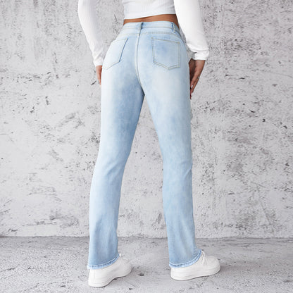 Women's Straight Leg Slim Fit Jeans, Fashionable And Simple Light Blue Pants - D&A