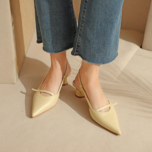Women's Chunky Heel Low Heel Pointed Leather Stitching Fashion Sandals - D&A