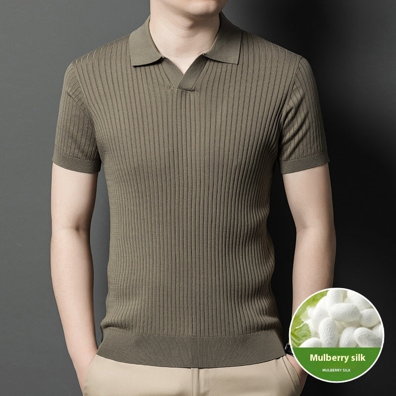 Mulberry Silk T-shirt Men's Short-sleeved Lapel High-end Casual Business Gray - D&A