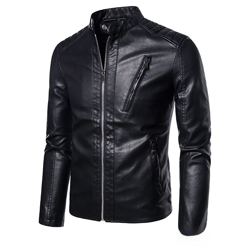 Spring And Autumn Men's Slim Leather Clothing With Stand Collar Jacket 601 Black - D&A