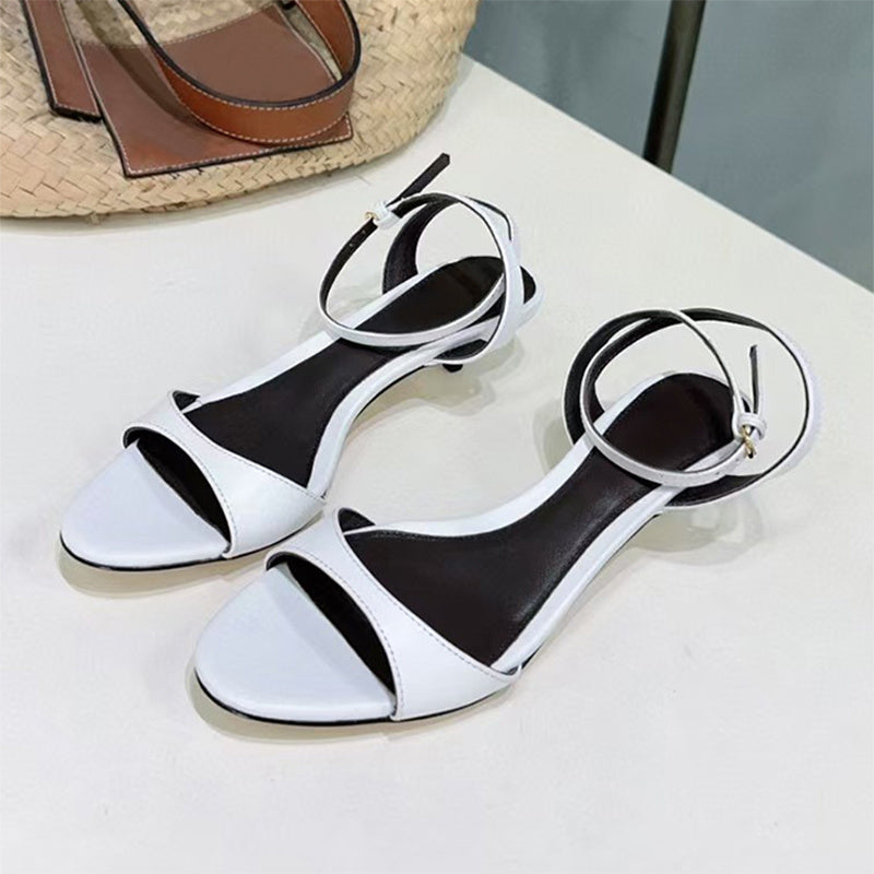 Women's Leather French-style Retro Open Toe Sandals With Kitten Heel White - D&A