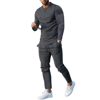 Spring Round Neck Long Sleeve T-shirt Trousers Solid Color Men's Two-piece Suit - D&A