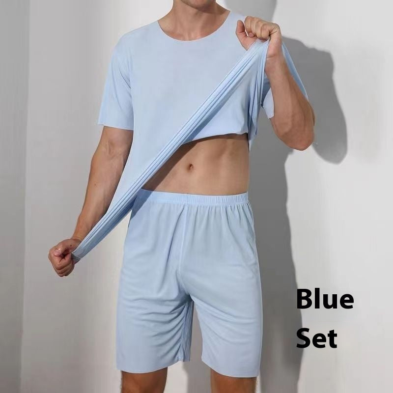 Advanced Ice Silk Round Neck Solid Color Short Sleeve Shorts Suit N88 Blue Suit - D&A