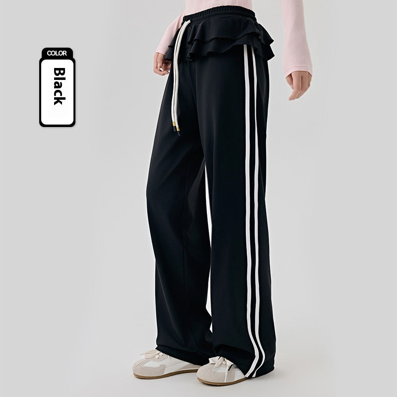Loose Sports Pants Casual Women's Flounced Design Ballet Style Fashionable Side Stripes Black - D&A