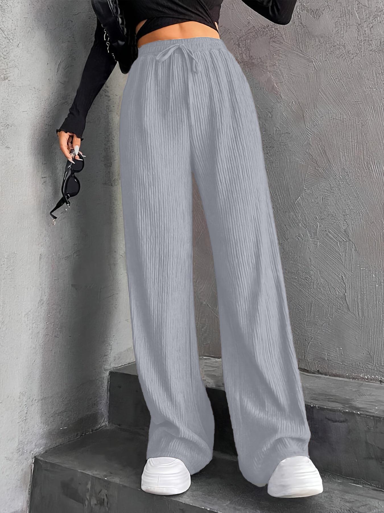 New Women's Elastic Waist Pinstripe Road Straight Wide Leg Light Gray - D&A