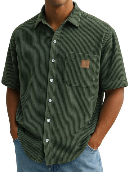 Versatile Leisure Corduroy Leather Sticker Pocket Short Sleeve Shirt Army Green - D&A