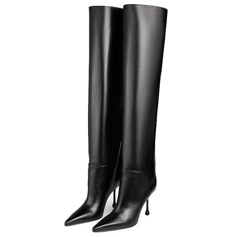 Pointed-toe Stiletto Slip-on Below The Knee Plus Size Straight Women's Boots Black - D&A