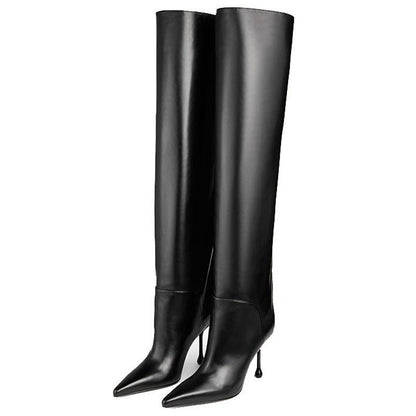 Pointed-toe Stiletto Slip-on Below The Knee Plus Size Straight Women's Boots Black - D&A