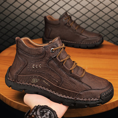 Fleece-lined Warm Mid-top Cotton-padded Shoes Soft Bottom Stitching Non-slip Men's Outdoor Leisure Shoes - D&A