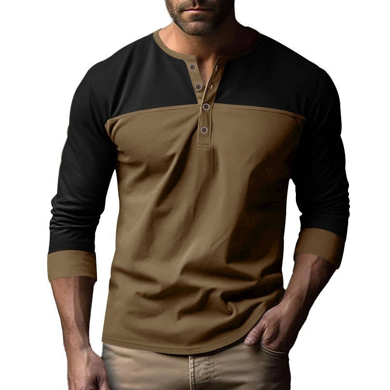 Retro Trendy Long-sleeve Color Matching Henry Collar Bottoming Shirt Casual T-shirt - D&A